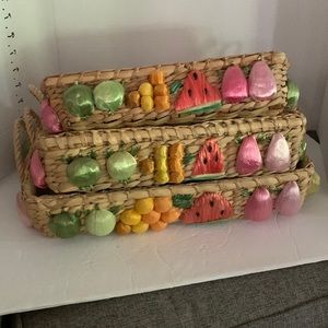 3 lovely vintage?, casserole baskets. Adorable flowers on each. 3 sizes, handled